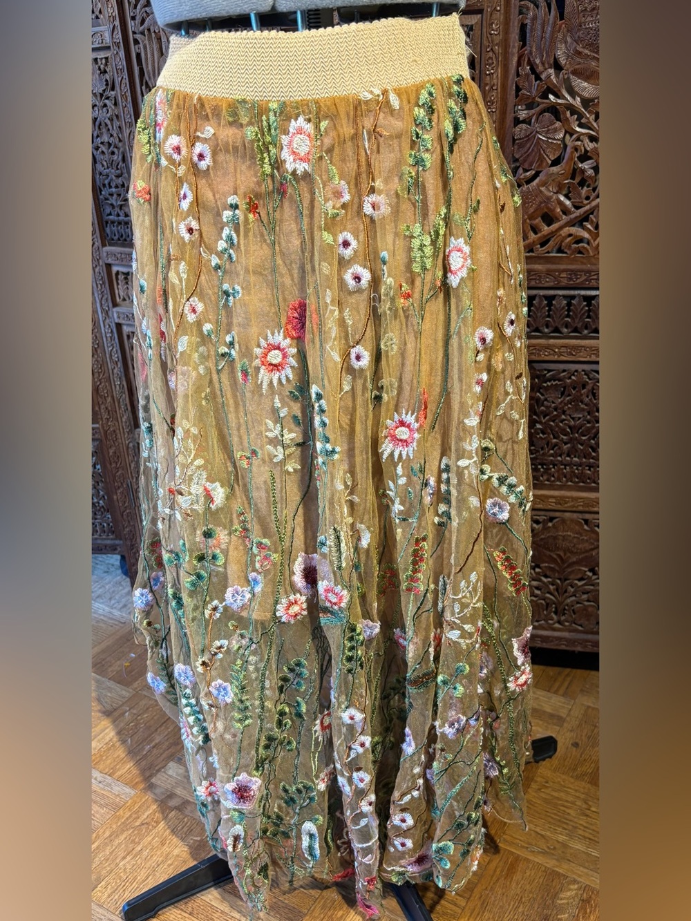 Aratta Silent Journey  Floral Maxi Skirt Brown with Multicolor embroidery